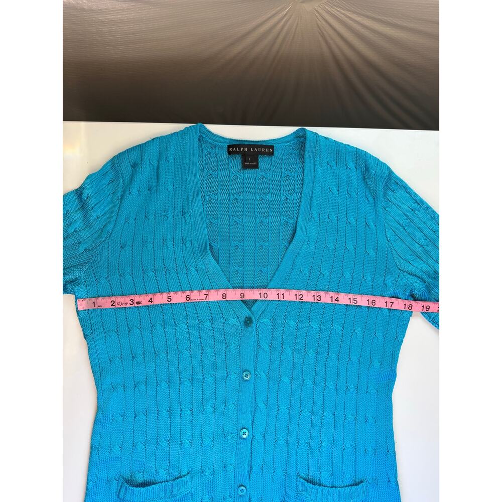 Ralph Lauren Black Label Women 100% Silk Cable knit Cardigan Sweater Size L Blue - Picture 8 of 9